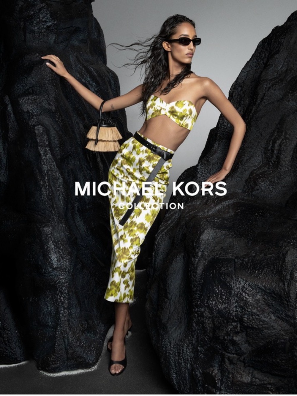 MICHAEL KORS COLLECTION Floral Moss & White Satin Pencil Skirt.  $1950. Size8/10